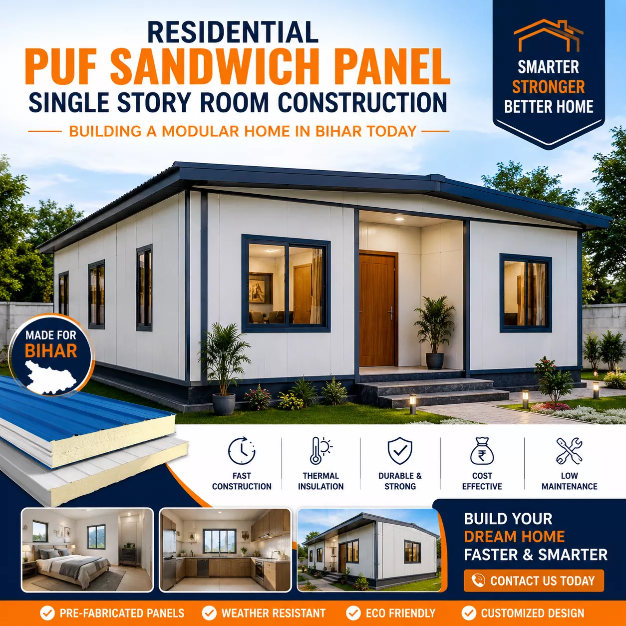 Residential PUF Sandwich Panel Single Story Room Construction Building a Modular Home in Bihar Today