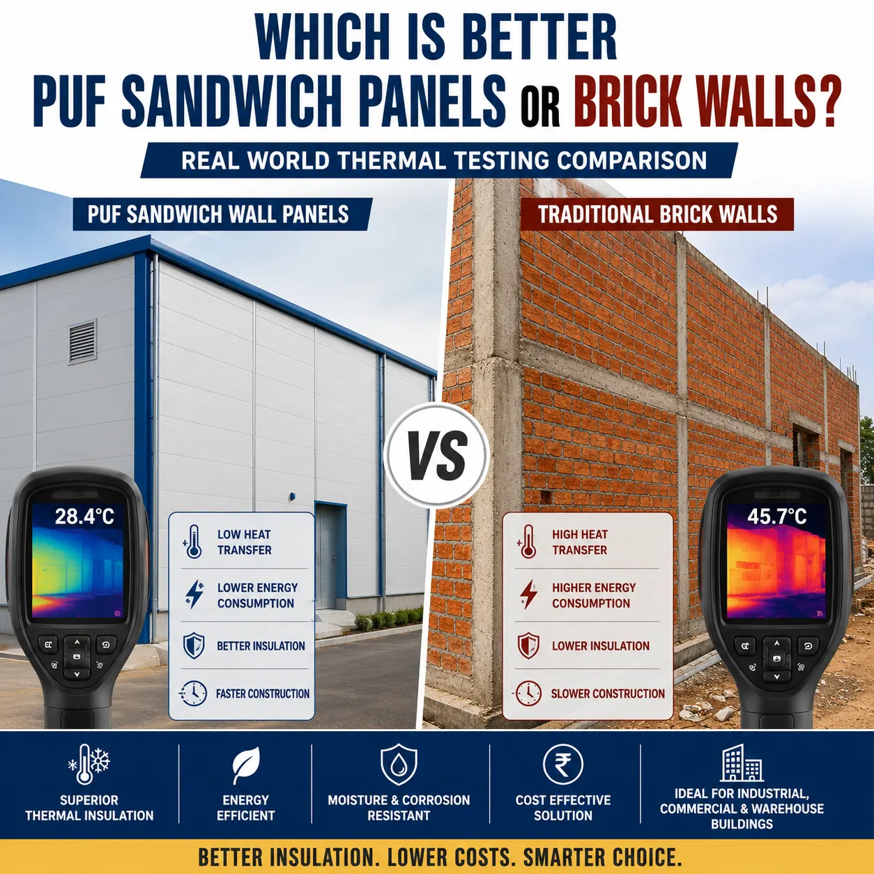 which is better PUF sandwich panels or brick walls through real world thermal testing