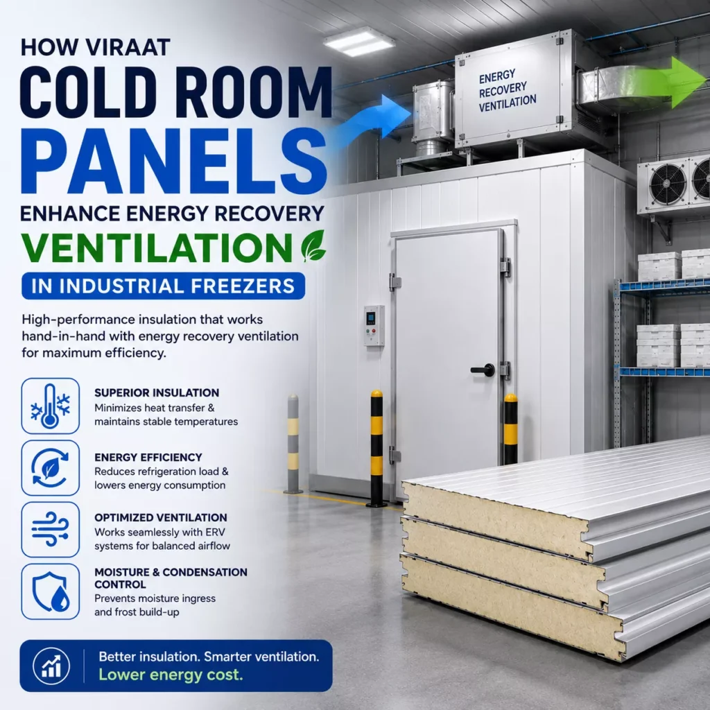 Industrial freezers operate continuously to maintain extremely low temperatures for food, pharmaceutical products, frozen goods, and other temperature-sensitive materials. Because these facilities require refrigeration around the clock, even small losses of conditioned air can increase energy consumption and operating costs. An efficient building envelope is therefore essential for maintaining stable internal temperatures. Cold room panels for industrial freezers provide an insulated enclosure that minimizes unwanted heat transfer and helps refrigeration systems operate more efficiently. When combined with properly designed ventilation and energy recovery systems, high-performance insulated panels can contribute to a more energy-efficient and controlled freezer environment. Viraat Industries manufactures insulated cold room panels designed to provide reliable thermal insulation, structural strength, and long-term performance for temperature-controlled applications. What Are Cold Room Panels? Cold room panels are insulated sandwich panels used to construct walls, ceilings, and other sections of temperature-controlled facilities. They generally consist of an insulating core positioned between protective outer surfaces. The insulation layer helps reduce heat transfer between the cold interior and the warmer external environment. This is particularly important in industrial freezers, where maintaining a consistent low temperature requires significant refrigeration capacity. Viraat cold room panels are designed for applications where thermal insulation, hygiene, durability, and temperature control are important considerations. Understanding Energy Recovery Ventilation in Industrial Freezers Energy recovery ventilation, commonly known as ERV, is designed to reduce the energy required to condition incoming and outgoing air. Depending on the system design and operating environment, an energy recovery system can transfer thermal energy between exhaust air and incoming fresh air. Industrial freezer environments present unique challenges because introducing warmer outside air can place an additional load on refrigeration equipment. Poorly controlled air exchange can result in heat gain, moisture infiltration, condensation, and increased refrigeration demand. A well-designed insulated enclosure helps address part of this challenge by reducing uncontrolled heat transfer through walls and ceilings. This allows the ventilation and refrigeration systems to work within a more stable thermal environment. How Viraat Cold Room Panels Support Energy Efficiency 1. Reduce Heat Transfer The primary function of an insulated cold room panel is to limit heat movement between the interior and exterior of the facility. In an industrial freezer, the temperature difference between the cold interior and outside environment can be substantial. Without adequate insulation, heat can continuously enter the freezer, forcing refrigeration equipment to work harder. Viraat cold room panels create an insulated barrier that helps reduce this heat transfer. Lower heat gain can help refrigeration equipment maintain the required temperature with less unnecessary workload. 2. Improve Temperature Stability Temperature stability is critical in industrial freezing applications. Frequent temperature fluctuations can affect product quality and increase energy requirements. Properly insulated walls and ceilings help maintain a more consistent internal environment. When ventilation systems introduce or remove air, the insulated enclosure helps minimize additional thermal losses through the building envelope. This creates a more controlled environment where refrigeration and ventilation systems can operate more effectively. 3. Reduce Refrigeration Load Refrigeration systems consume considerable energy in large industrial freezer facilities. Any unnecessary heat entering the freezer adds to the refrigeration load. By limiting heat transfer through walls and ceilings, insulated cold room panels can reduce the amount of heat that refrigeration systems need to remove. This can support better overall energy management, particularly in large-scale cold storage facilities operating continuously. 4. Complement Energy Recovery Ventilation Energy recovery ventilation works by recovering usable thermal energy from air streams rather than allowing that energy to be completely lost. However, ventilation is only one part of the overall energy-performance equation. The freezer envelope must also provide effective insulation. Viraat cold room panels complement energy recovery strategies by helping minimize uncontrolled heat gain through the enclosure. When insulation and ventilation are properly integrated, the refrigeration system can operate in a more predictable environment. 5. Help Control Moisture and Condensation Warm, humid air entering a cold environment can lead to condensation and, in some conditions, frost formation. This can affect surfaces, equipment, door areas, and overall freezer performance. Properly constructed insulated panels, combined with appropriate joints, seals, doors, and ventilation design, can help reduce unwanted air infiltration. Controlling moisture is particularly important in industrial freezers because excessive frost can reduce operational efficiency and increase maintenance requirements. Importance of Panel Joints and Installation The performance of a cold room is not determined by the insulation core alone. Panel joints, corners, doors, penetrations, ceiling connections, and other interfaces also influence the effectiveness of the enclosure. Even high-quality insulation can perform poorly if panels are incorrectly installed or joints are not properly sealed. For this reason, industrial freezer construction should consider: Proper panel alignment Secure panel connections Effective joint sealing Suitable doors and door seals Correct ceiling and wall integration Proper ventilation design Minimization of unnecessary air leakage Professional installation helps ensure that the cold room envelope performs as intended. Applications of Viraat Cold Room Panels Viraat cold room panels can be considered for a wide range of temperature-controlled applications, including: Industrial freezers Cold storage warehouses Frozen food processing facilities Meat and seafood storage Dairy and food processing units Pharmaceutical storage facilities Distribution centers Temperature-controlled logistics facilities Ripening and controlled-temperature rooms Commercial and industrial cold rooms The appropriate panel specification depends on the required operating temperature, room dimensions, environmental conditions, structural requirements, and project design. Why Choose Viraat Cold Room Panels? Viraat Industries focuses on insulated panel solutions for industrial and temperature-controlled applications. The right cold room panel can provide a combination of thermal insulation, durability, structural performance, and ease of installation. Key advantages include: Effective Thermal Insulation: Helps minimize unwanted heat transfer and supports stable internal temperatures. Energy Efficiency: Reduced heat gain can help lower the refrigeration workload and contribute to efficient operation. Temperature Control: Insulated walls and ceilings support consistent environmental conditions. Durability: Robust panel construction is suitable for demanding industrial environments when properly specified and installed. Hygienic Surfaces: Smooth panel surfaces can support easier cleaning and maintenance in food and temperature-sensitive facilities. Flexible Applications: Panels can be incorporated into different cold storage, freezer, processing, and industrial environments. Designing an Energy-Efficient Industrial Freezer Choosing insulated panels should be part of a complete energy-efficiency strategy. Industrial freezer performance also depends on refrigeration equipment, ventilation, doors, air curtains, lighting, defrost systems, temperature controls, and operational practices. An effective design should evaluate the entire system rather than focusing on one component. For example, an energy-efficient freezer may combine high-performance insulated panels with appropriately sized refrigeration equipment and an energy recovery ventilation system. Properly sealed doors and controlled air exchange can further reduce unnecessary heat and moisture infiltration. This integrated approach can help businesses improve temperature control while managing long-term energy consumption. Maintenance for Long-Term Performance Regular inspection is important for maintaining the performance of any industrial freezer enclosure. Facility operators should periodically check panel joints, seals, doors, surfaces, and areas around equipment penetrations. Damaged panels or deteriorated seals should be addressed promptly. Regular maintenance can help prevent unnecessary air leakage and protect the overall thermal performance of the cold room. Cleaning procedures should also be selected according to the panel surface and application requirements. Conclusion Energy efficiency in industrial freezers depends on the performance of the complete temperature-control system. While energy recovery ventilation can help optimize air exchange, an effective insulated building envelope is equally important. Viraat cold room panels help create an insulated barrier that reduces heat transfer, supports temperature stability, and can complement energy-efficient ventilation and refrigeration strategies. By combining suitable cold room panels with proper installation, ventilation, refrigeration, sealing, and maintenance, industrial facilities can build a more controlled and efficient freezer environment. For businesses planning a new industrial freezer, cold storage facility, or temperature-controlled processing area, selecting the right cold room panels for industrial freezers can be an important step toward achieving reliable thermal performance and long-term operational efficiency.